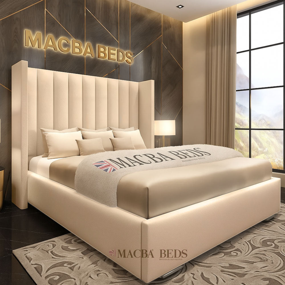 The Coralie Cream Upholstered Wing Bed – front view
Cream velvet wingback bed frame UK
Luxury upholstered bed with tall headboard
Side view of The Coralie Cream Velvet Bed