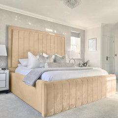 Duxiana Luxury Bed – Plush Velvet Upholstered Bed with Tall Channel Headboard - Macbabeds