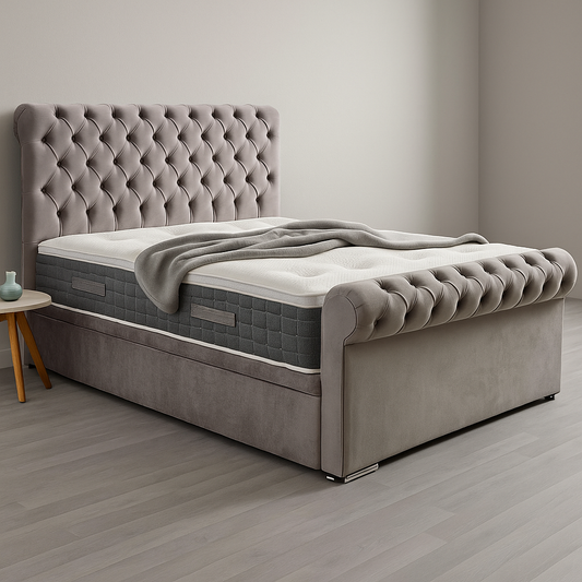 Ascot Royal Divan Bed in Grey Velvet
Chesterfield Velvet Bed with Storage Drawers
Plush Upholstered Bed Frame UK
Luxury Velvet Bed with Tufted Headboard