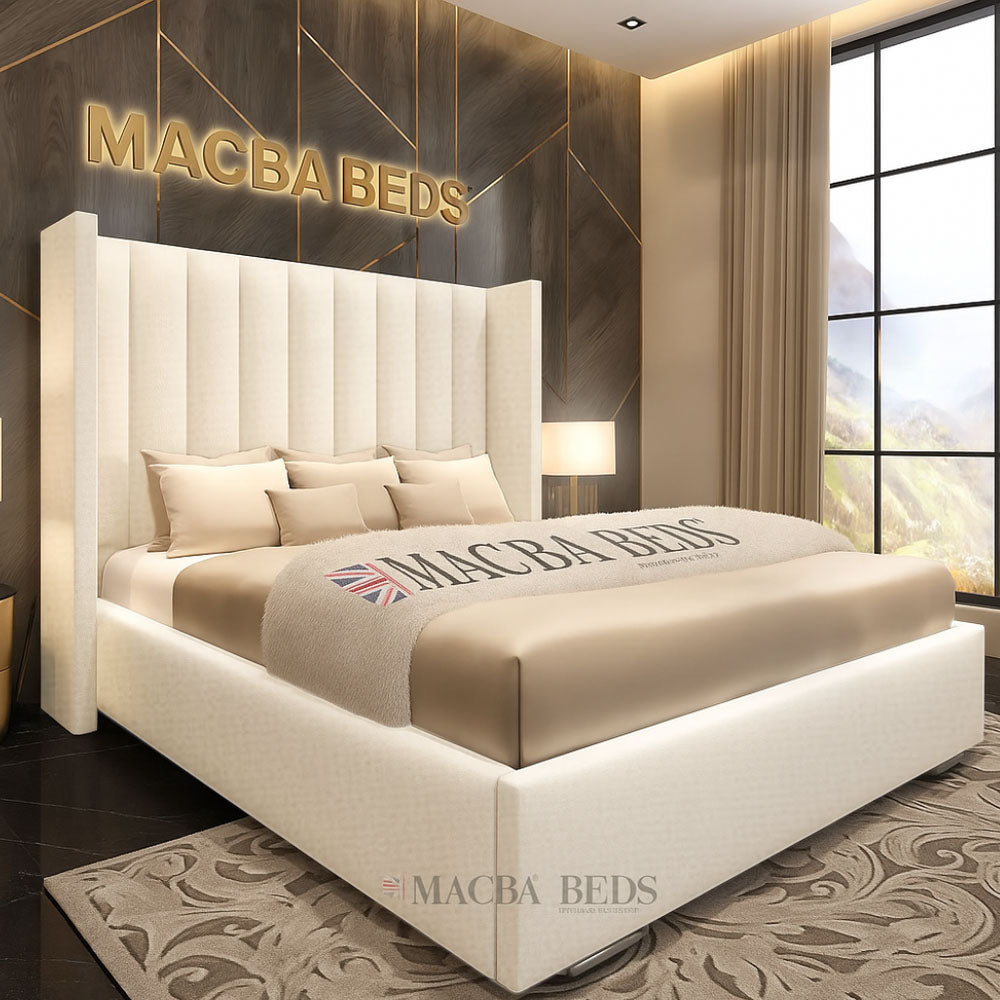 The Coralie Cream Upholstered Wing Bed – front view
Cream velvet wingback bed frame UK
Luxury upholstered bed with tall headboard
Side view of The Coralie Cream Velvet Bed