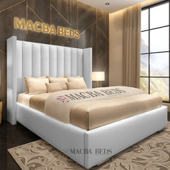 The Coralie Cream Upholstered Wing Bed – front view
Cream velvet wingback bed frame UK
Luxury upholstered bed with tall headboard
Side view of The Coralie Cream Velvet Bed