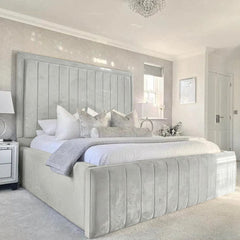 Duxiana Luxury Bed – Plush Velvet Upholstered Bed with Tall Channel Headboard - Macbabeds