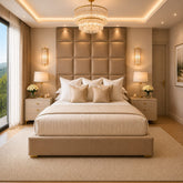 Serene Beige Velvet Luxury Cubed Upholstered Tall Headboard Bed — Available in All Sizes | Macba Beds
