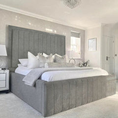 Duxiana Luxury Bed – Plush Velvet Upholstered Bed with Tall Channel Headboard - Macbabeds