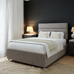 The Stratford Grey Linen Bed – front view
Grey linen upholstered bed with tall headboard
Modern grey fabric bed frame UK
Side view of Stratford Linen Bed
Luxury grey linen bed in contemporary bedroom