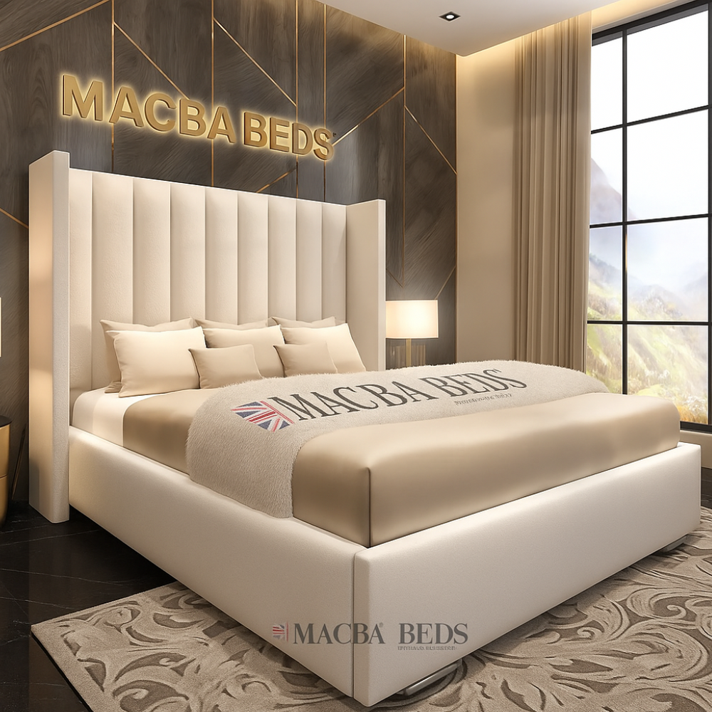 The Coralie Cream Upholstered Wing Bed – front view
Cream velvet wingback bed frame UK
Luxury upholstered bed with tall headboard
Side view of The Coralie Cream Velvet Bed