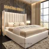 The Coralie Cream Upholstered Wing Bed – front view
Cream velvet wingback bed frame UK
Luxury upholstered bed with tall headboard
Side view of The Coralie Cream Velvet Bed