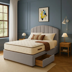 Amalfi Sunset velvet bed frame in grey with modern curved headboard and upholstered storage base