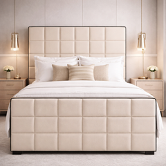 Cubed Upholstered Bed Frame with Black Piping Contrast - Macbabeds