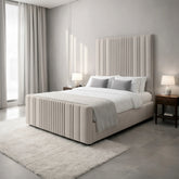 Irish multi panels super king bed in cream velvet with vertical panel headboard and contemporary upholstered base