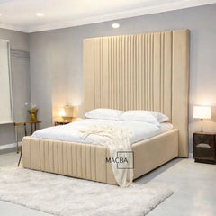 Liza Luxe multi panel upholstered bed in beige with tall vertical panel headboard and luxury velvet frame