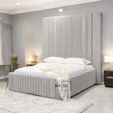 Liza Luxe multi panel upholstered bed in silver with tall vertical panel headboard and modern velvet frame