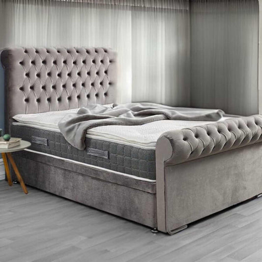 Ascot Royal Divan Bed in Grey Velvet
Chesterfield Velvet Bed with Storage Drawers
Plush Upholstered Bed Frame UK
Luxury Velvet Bed with Tufted Headboard