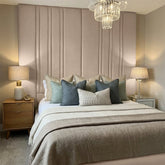 Mirage bed frame in beige with modern vertical panel upholstered headboard