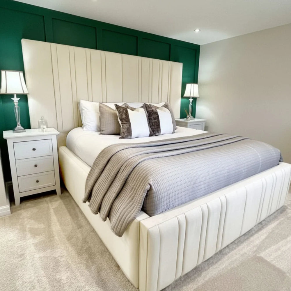 Mirage Luxe bed from Macba Collection in cream with luxury tall vertical panel headboard
