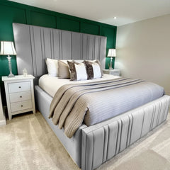 Mirage Luxe bed from Macba Collection in silver with tall vertical panel upholstered headboard