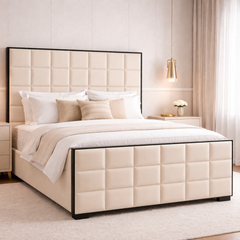 Cubed Upholstered Bed Frame with Black Piping Contrast - Macbabeds