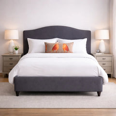 Modern Curved Headboard Upholstered Bed Frame in grey with white bedding and decorative bird pillow