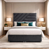 Phoenix luxury plush storage bed in charcoal grey with diagonal panel upholstered headboard and storage drawers
