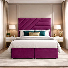 Phoenix luxury plush storage bed in magenta with diagonal panel upholstered headboard and drawer storage base
