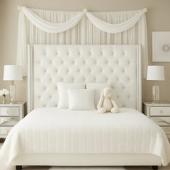 Serenity Royale Storage Bed dimensions in cm – Headboard height 137.16 cm, width options for Single to Super King, length, base height, and footboard height for the luxury upholstered gas lift bed with wingback headboard
