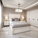 Shifman Prestige velvet bed in beige with framed panel headboard and contemporary upholstered bed frame