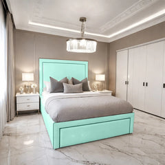 Shifman Prestige velvet bed in mint green with framed panel headboard and modern upholstered bed frame