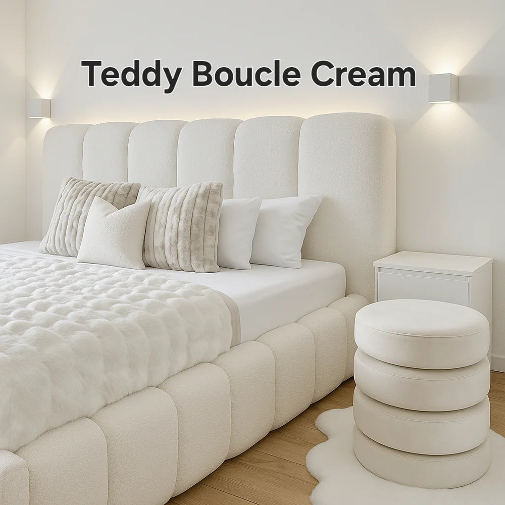 Teddy Boucle Cream divan bed dimensions chart showing headboard height 101.6 cm, footboard height 35.56 cm, base height, width options from Single to Super King, and length measurements