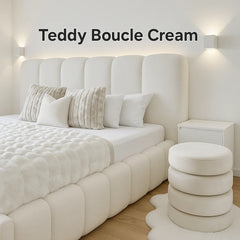 Teddy Boucle Cream divan bed dimensions chart showing headboard height 101.6 cm, footboard height 35.56 cm, base height, width options from Single to Super King, and length measurements