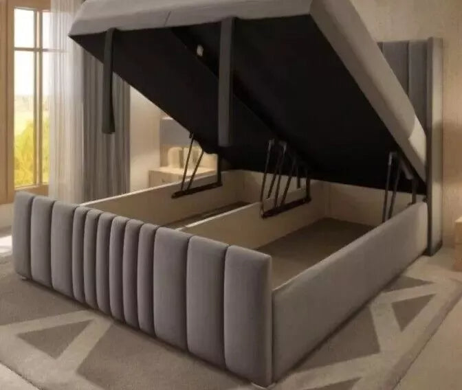 Ottoman Bed Winged Panel Plush Velvet Divan Storage Double Bed & King Size Bed - Macbabeds