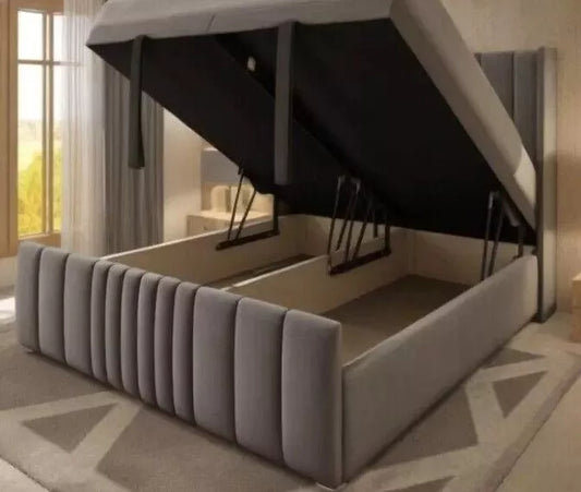 Ottoman Bed Winged Panel Plush Velvet Divan Storage Double Bed & King Size Bed - Macbabeds
