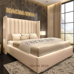 The Coralie Cream Upholstered Wing Bed – front view

Cream velvet wingback bed frame UK

Luxury upholstered bed with tall headboard

Side view of The Coralie Cream Velvet Bed