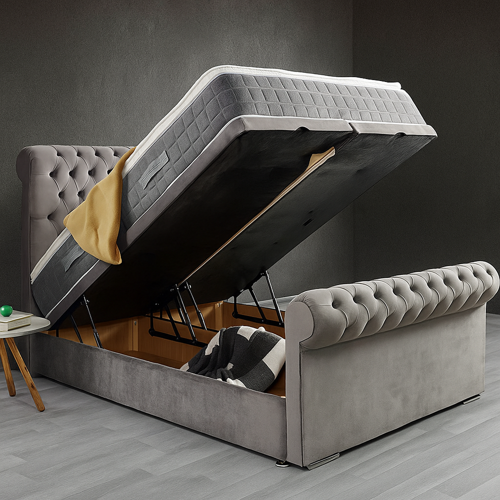 Ascot Royal Divan Bed in Grey Velvet

Chesterfield Velvet Bed with Storage Drawers

Plush Upholstered Bed Frame UK

Luxury Velvet Bed with Tufted Headboard