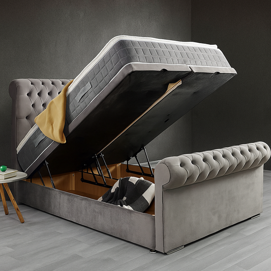 Ascot Royal Divan Bed in Grey Velvet

Chesterfield Velvet Bed with Storage Drawers

Plush Upholstered Bed Frame UK

Luxury Velvet Bed with Tufted Headboard