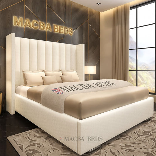 The Coralie Cream Upholstered Wing Bed – front view

Cream velvet wingback bed frame UK

Luxury upholstered bed with tall headboard

Side view of The Coralie Cream Velvet Bed