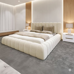 cream bed, cream upholstered bed, cloud bed, boucle bed frame, modern bed UK, luxury bed, designer bed, soft fabric bed, contemporary bed, cream boucle bed, UK beds, bedroom furniture