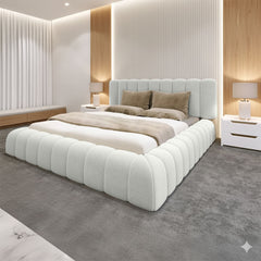 cream bed, cream upholstered bed, cloud bed, boucle bed frame, modern bed UK, luxury bed, designer bed, soft fabric bed, contemporary bed, cream boucle bed, UK beds, bedroom furniture