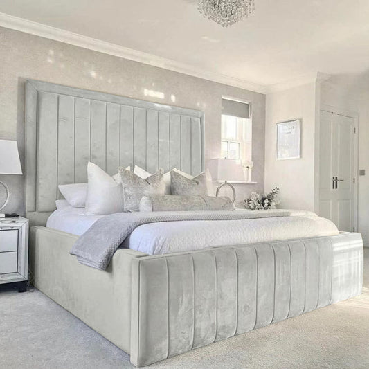 Duxiana Luxury Bed – Plush Velvet Upholstered Bed with Tall Channel Headboard