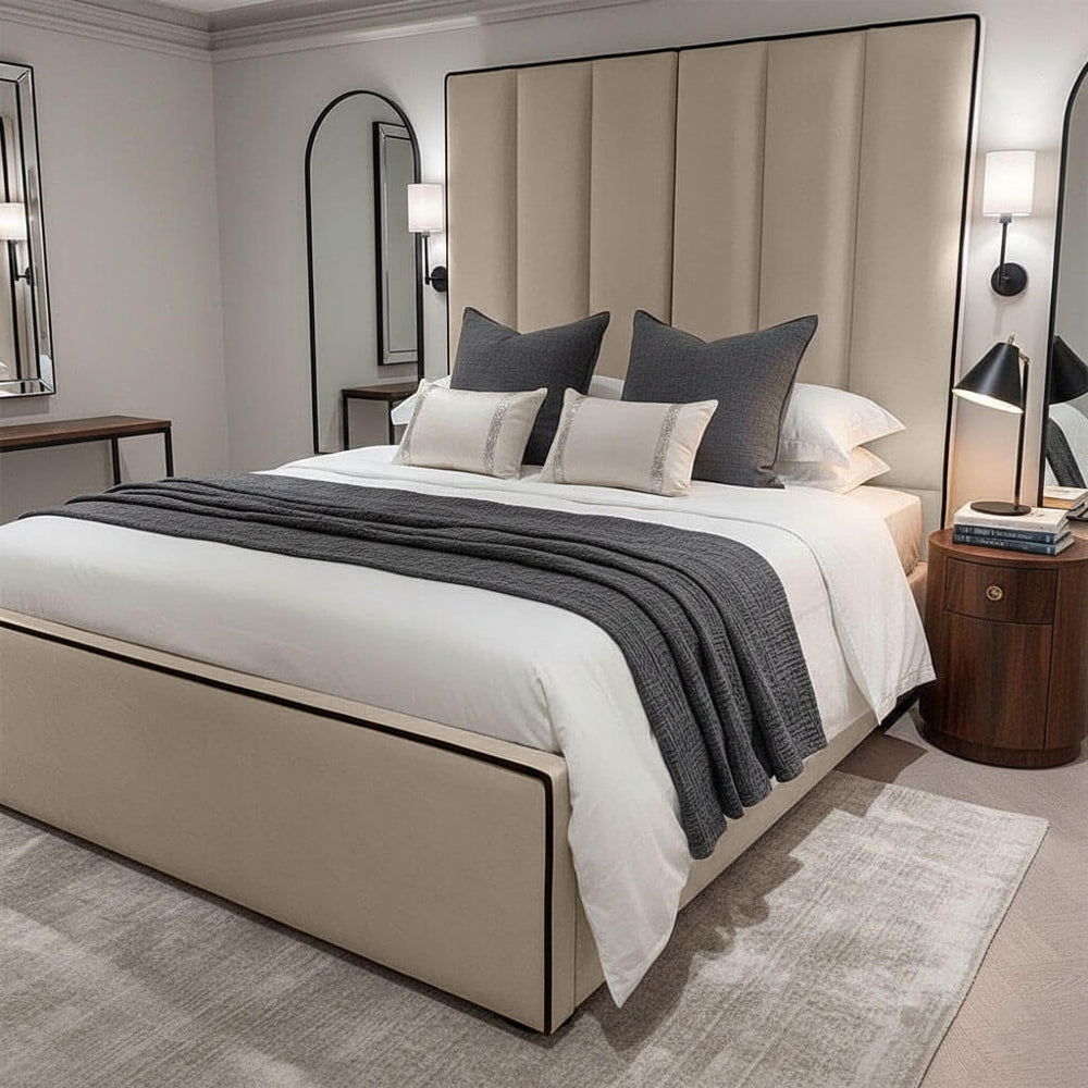 Herringbone Luxury Panelled Bed with Tall Headboard – Beige | Macba Beds UK