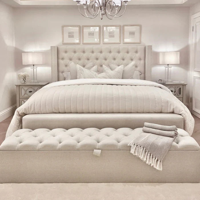 Mayfair Studded Luxury Bed - MacbabedsThe Mayfair Elite Studded Bed Frame – front view

Luxury velvet studded bed frame UK

Tall headboard designer bed in cream velvet

Side angle of Mayfair Elite Bed

Mayfair Elite Upholstered Bed with studded trim