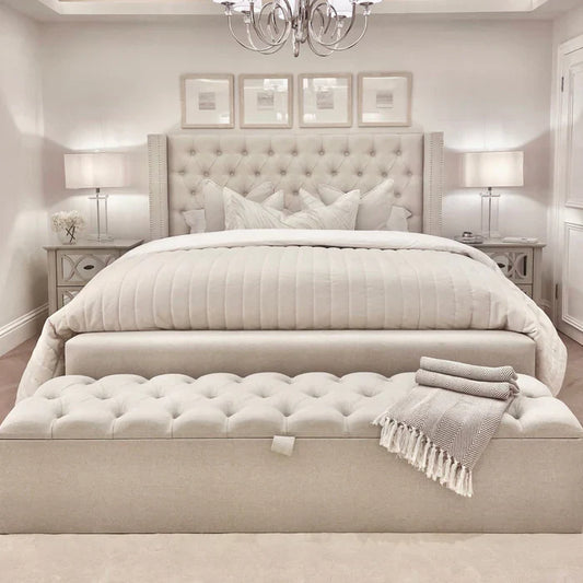 Mayfair Studded Luxury Bed - MacbabedsThe Mayfair Elite Studded Bed Frame – front view

Luxury velvet studded bed frame UK

Tall headboard designer bed in cream velvet

Side angle of Mayfair Elite Bed

Mayfair Elite Upholstered Bed with studded trim