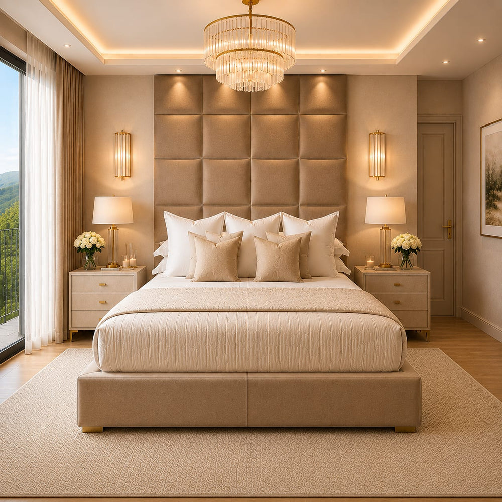 Serene Beige Velvet Luxury Cubed Upholstered Tall Headboard Bed — Available in All Sizes | Macba Beds