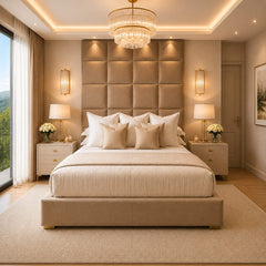 Serene Beige Velvet Luxury Cubed Upholstered Tall Headboard Bed — Available in All Sizes | Macba Beds