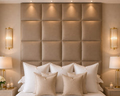 Serene Beige Velvet Luxury Cubed Upholstered Tall Headboard Bed — Available in All Sizes | Macba Beds