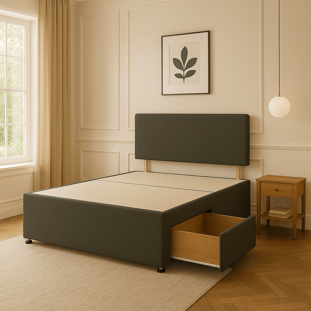 The Astoria Graphite Storage Bed – front view

Graphite fabric upholstered bed with drawers

Dark grey modern bed frame with storage

Side angle of Astoria Graphite Bed

Minimalist upholstered bed frame UK