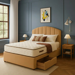 Amalfi Sunset velvet bed frame in beige with curved upholstered headboard and under-bed storage drawer