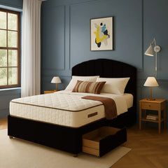 Amalfi Sunset velvet upholstered bed frame in black with curved panel headboard and storage drawer