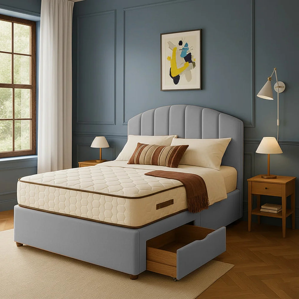 Amalfi Sunset velvet bed frame in silver with curved panel headboard and built-in storage drawer
