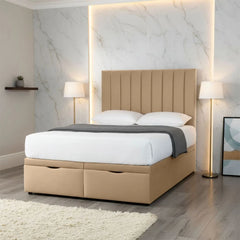 Aurora panel divan bed in beige with vertical panel headboard and drawer storage base