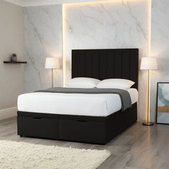 Aurora panel divan bed in black with vertical panel upholstered headboard and storage drawers